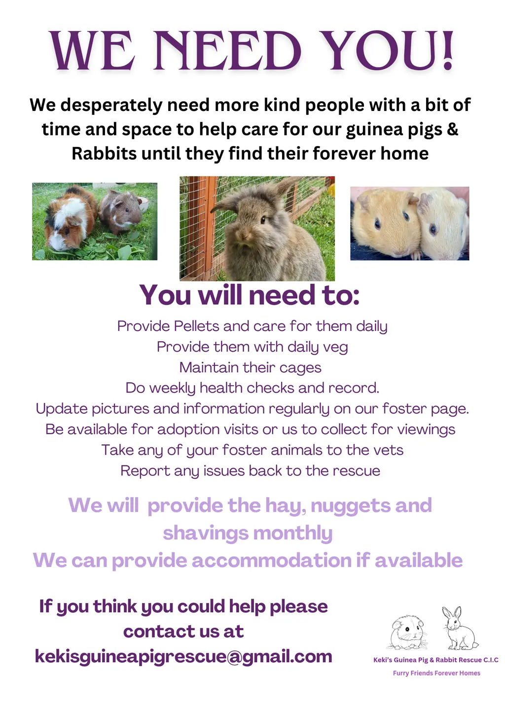 The rescue's foster appeal poster: “WE NEED YOU!”, with what a fosterer does and the hay, nuggets and shavings the rescue provides