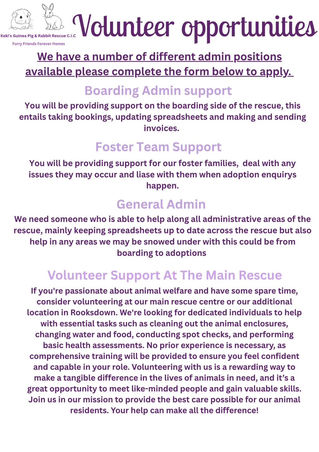 The rescue's volunteer poster, listing the admin and rescue-support roles available and asking applicants to complete the form